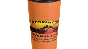 Stainless Steel Travel Mug 15oz - High-Quality Sublimation Printing - Flip-Top Lid - Ideal for Coffee or Tea Lovers - Keep Drinks at Perfect Temperature - Knobtown Cycle Bottles Glasses and Tumblers