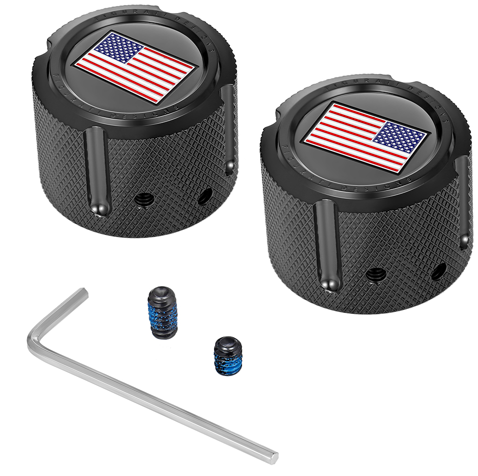 FIGURATI DESIGNS Axle Nut Cover - Front - Stainless Steel - Red/White/Blue Flag - Reversed - Black
