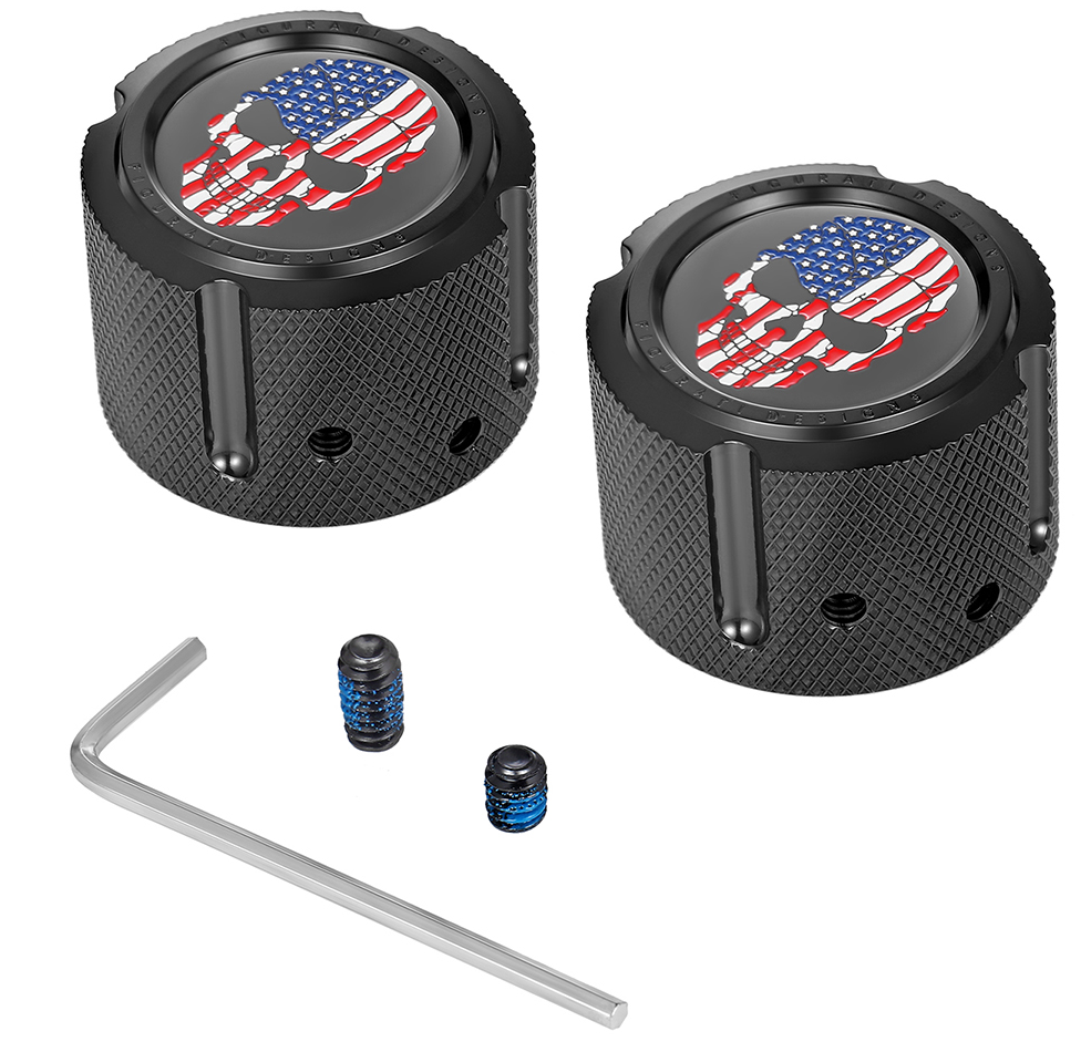 FIGURATI DESIGNS Axle Nut Cover - Front - Stainless Steel - Red/White/Blue Flag Skull - Black