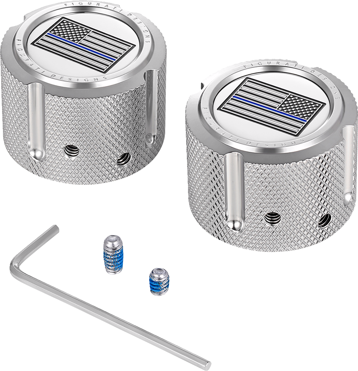 FIGURATI DESIGNS Axle Nut Cover - Front - Stainless Steel - Blue Line Flag - Silver