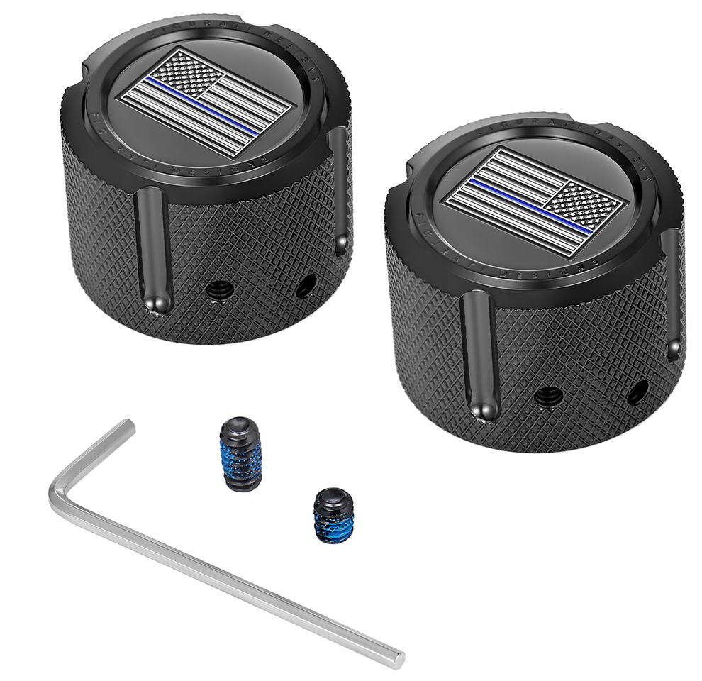 FIGURATI DESIGNS Axle Nut Cover - Front - Stainless Steel - Stainless Steel - Blue Line Flag - Black