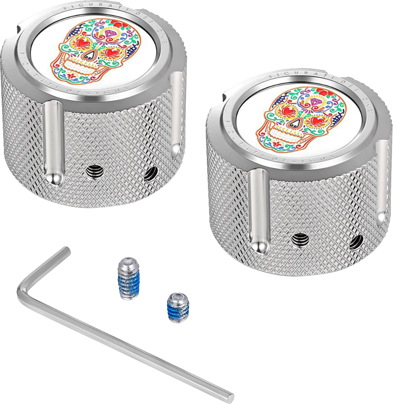 FIGURATI DESIGNS Axle Nut Cover - Front - Stainless Steel - Sugar Skull - Silver