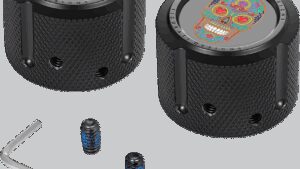 FIGURATI DESIGNS Axle Nut Cover - Front - Stainless Steel - Sugar Skull - Black