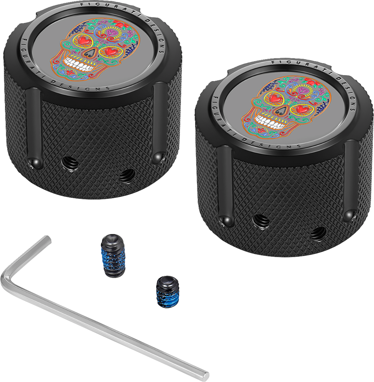 FIGURATI DESIGNS Axle Nut Cover - Front - Stainless Steel - Sugar Skull - Black