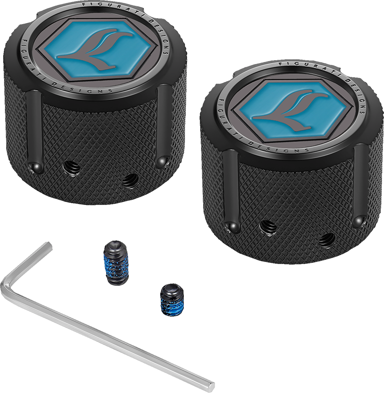 FIGURATI DESIGNS Axle Nut Cover - Front - Stainless Steel - Legends Suspension Logo - Black