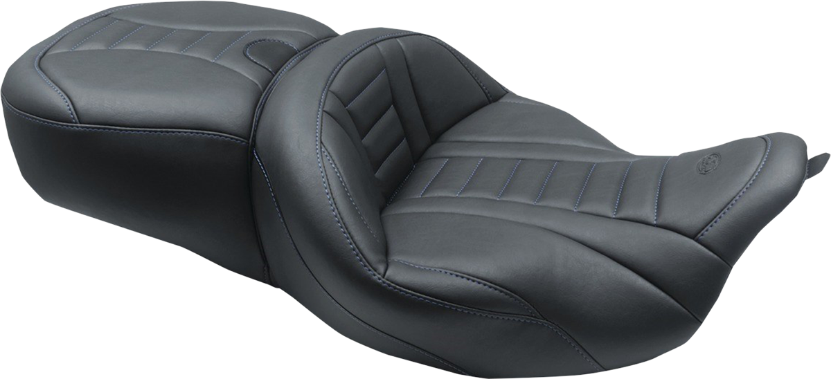 MUSTANG One-Piece Deluxe Touring Seat - Black w/ Sky Blue Stitching