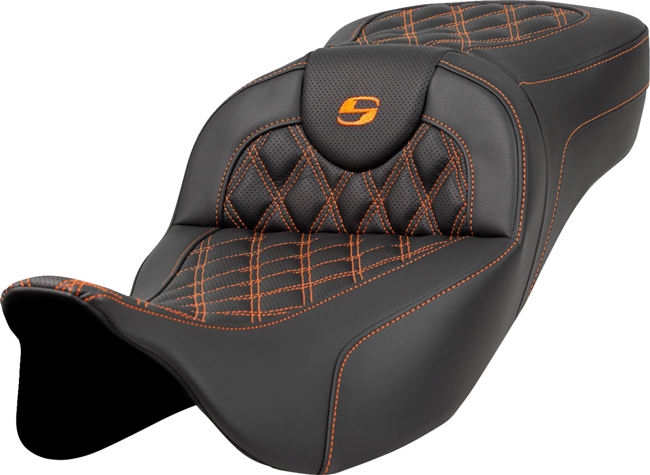 SADDLEMEN Extended Reach Roadsofa™ Seat - Lattice Stitch - Orange Stitch - without Backrest - FL '08-'24