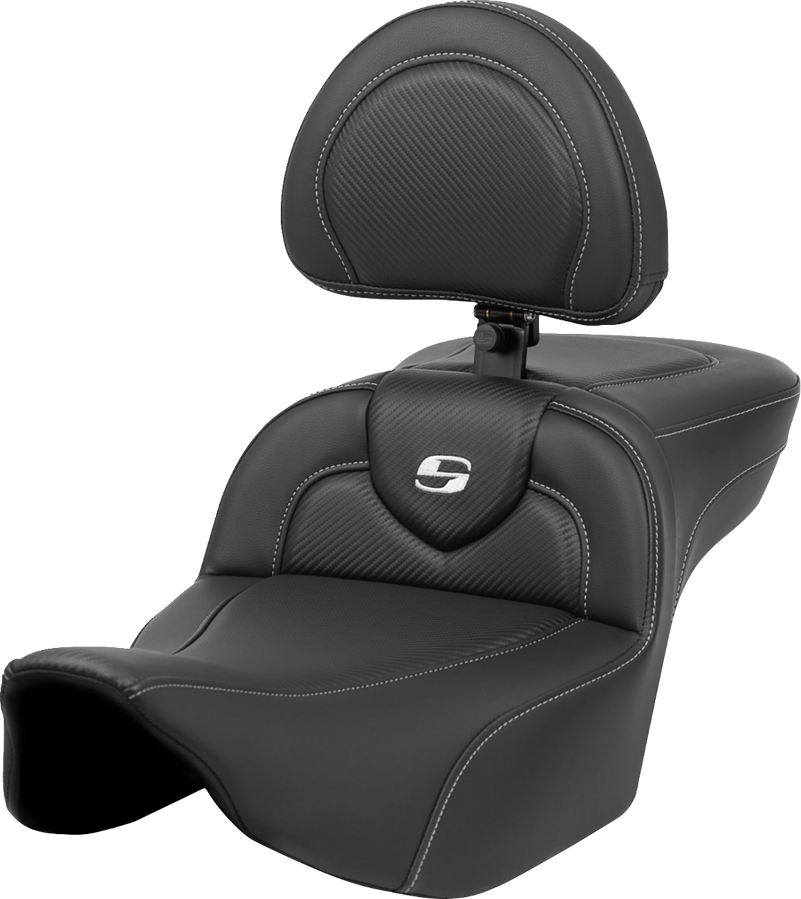 SADDLEMEN Roadsofa™ Extended Reach Seat - Carbon Fiber - Silver Stitch/Silver Logo - w/ Backrest - FL '23-'24