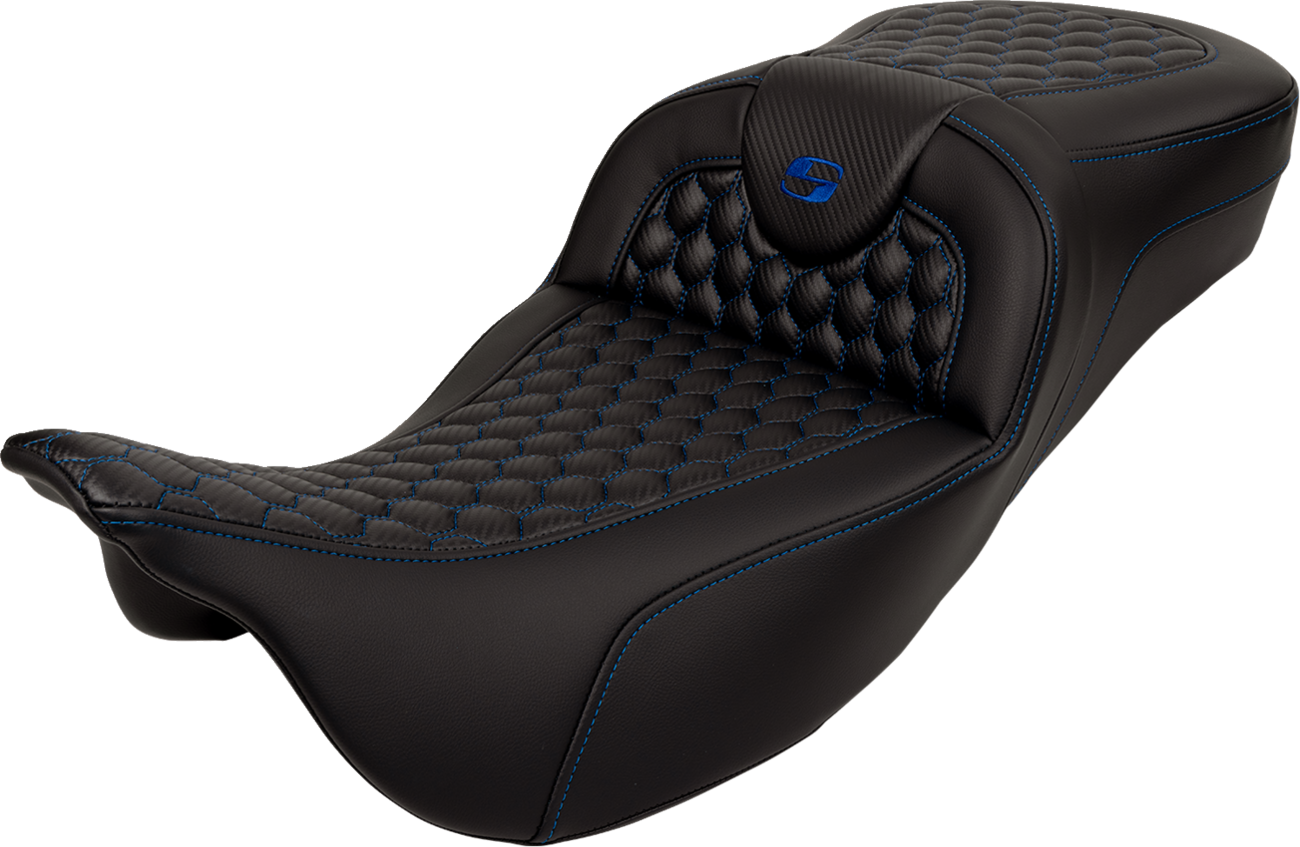 SADDLEMEN RoadSofa™ Seat - Honeycomb - Blue Stitch - Extended Reach - without Backrest - FLH/FLT '08-'24