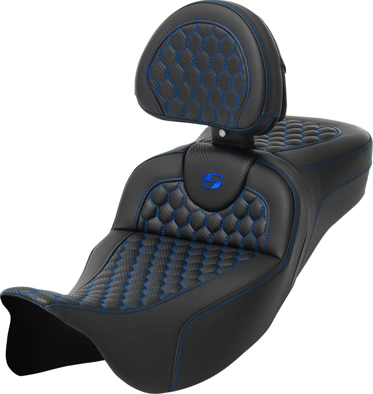 SADDLEMEN RoadSofa™ Seat - Honeycomb - Blue Stitch - with Backrest - Extended Reach - FLH/FLT '08-'24