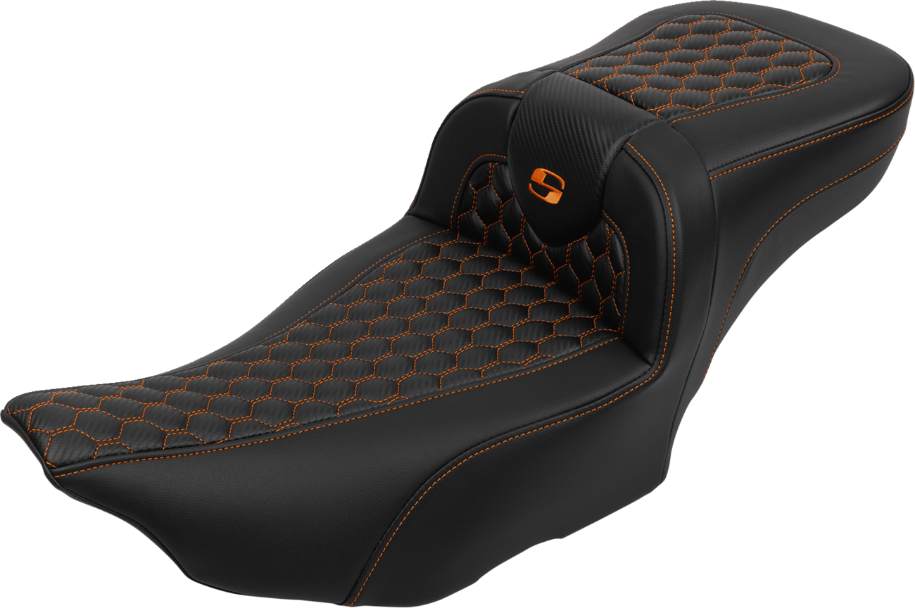 SADDLEMEN Roadsofa™ Extended Reach Seat - with Backrest - Honeycomb - Orange Stitch - FLTR/FLHX '23-'24
