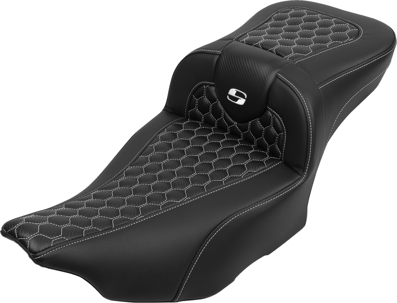 SADDLEMEN Roadsofa™ Extended Reach Seat - with Backrest - Honeycomb - White Stitch - FLTR/FLHX '23-'24