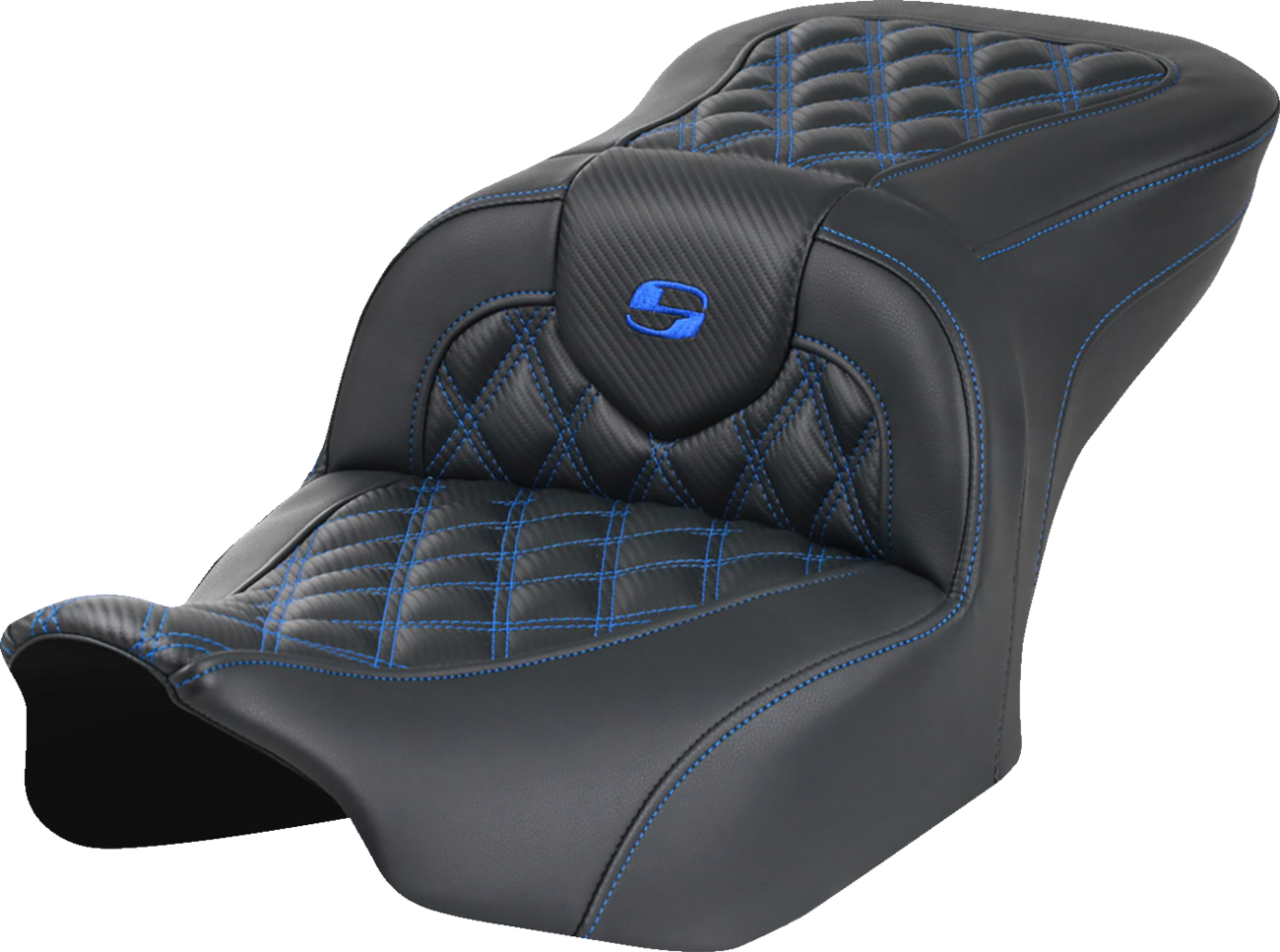 SADDLEMEN RoadSofa™ Seat - without Backrest - Carbon Fiber - Lattice Stitch - Blue Stitch - FLTR/FLHX '23-'24
