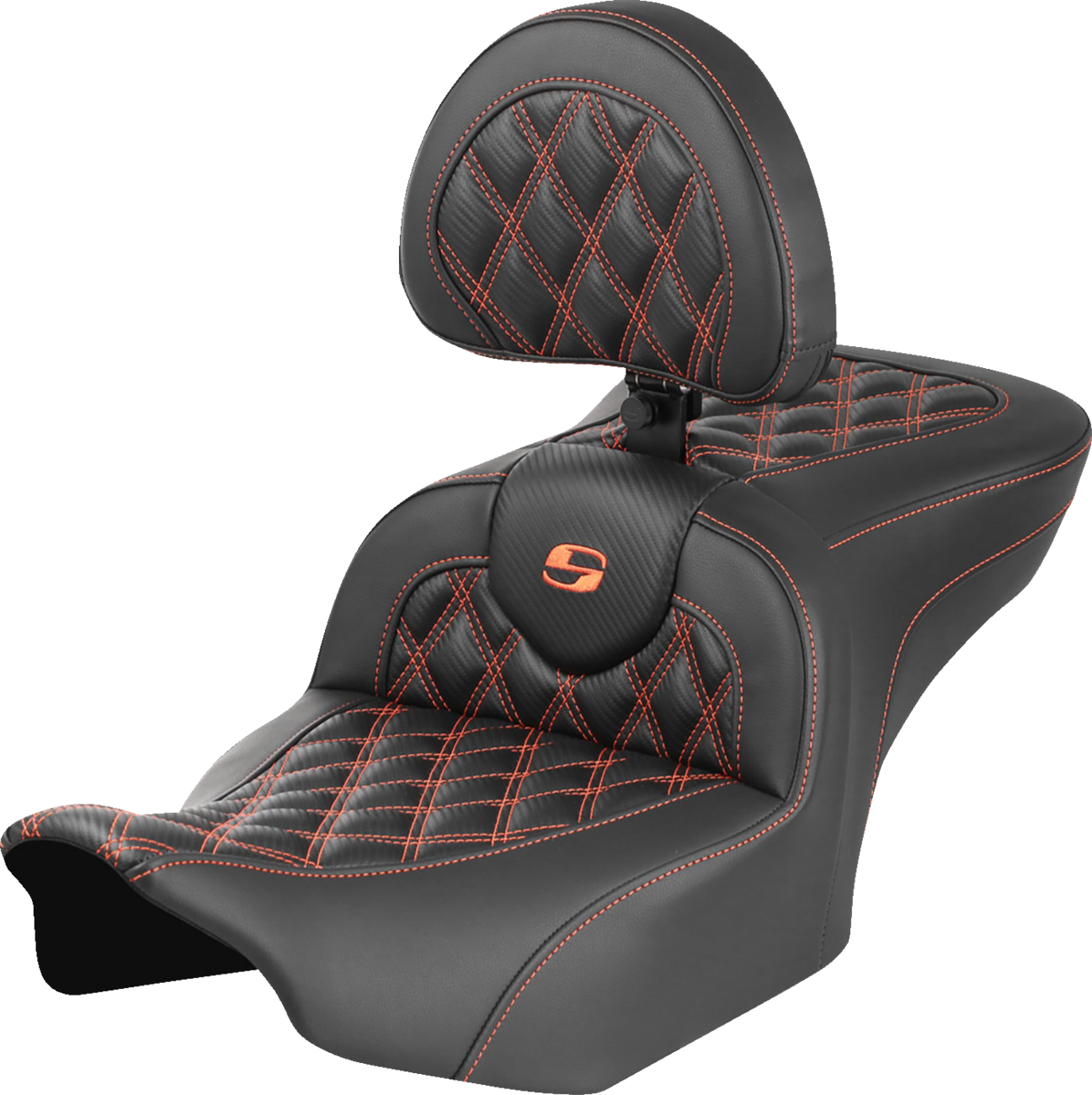 SADDLEMEN RoadSofa™ Seat - with Backrest - Carbon Fiber - Lattice Stitch - Orange Stitch - FLTR/FLHX '23-'24