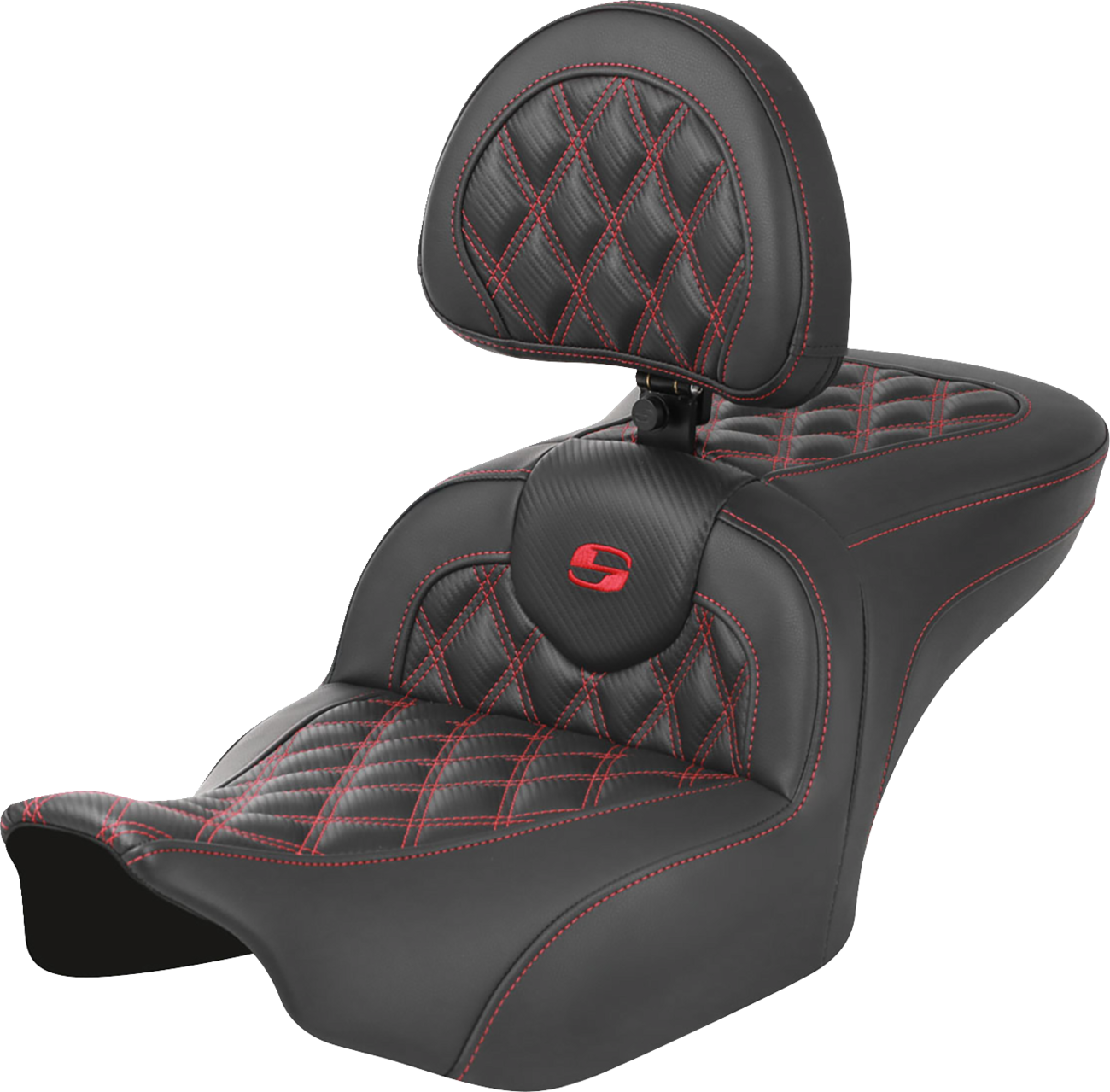 SADDLEMEN RoadSofa™ Seat - with Backrest - Carbon Fiber - Lattice Stitch - Red Stitch - FLTR/FLHX '23-'24