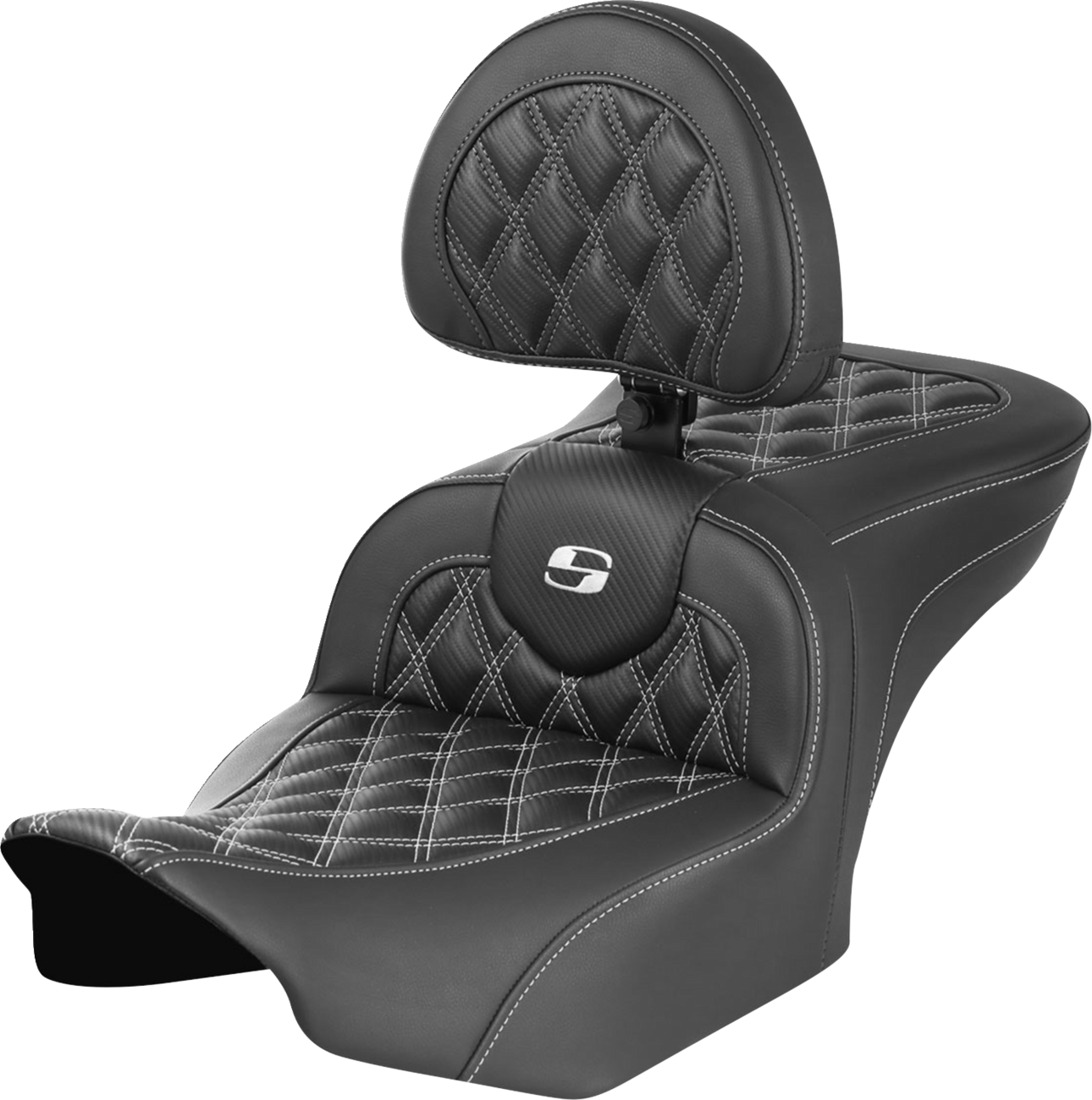 SADDLEMEN RoadSofa™ Seat - with Backrest - Carbon Fiber - Lattice Stitch - White Stitch - FLTR/FLHX '23-'24