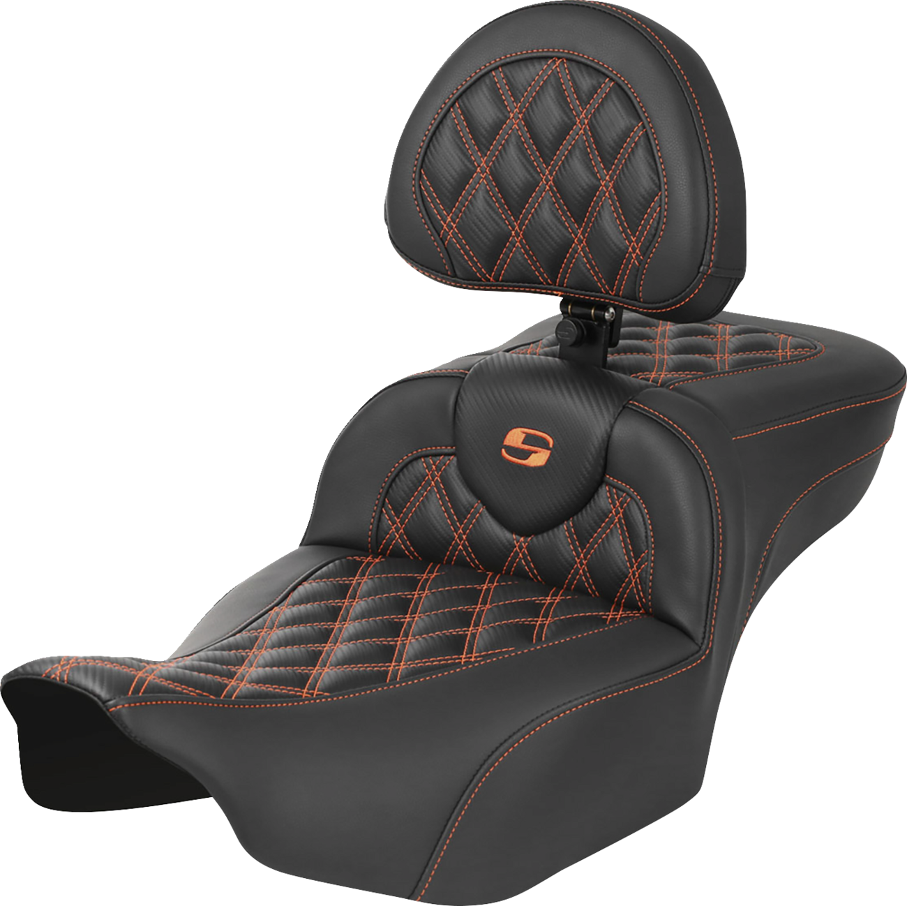 SADDLEMEN Roadsofa™ Extended Reach Seat - with Backrest - Lattice Stitch - Orange Stitch - FLTR/FLHX '23-'24