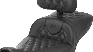 SADDLEMEN Heated RoadSofa™ Seat - Exended Reach - Lattice Stitch - w/ Backrest - FLT/FLH ’23-‘24