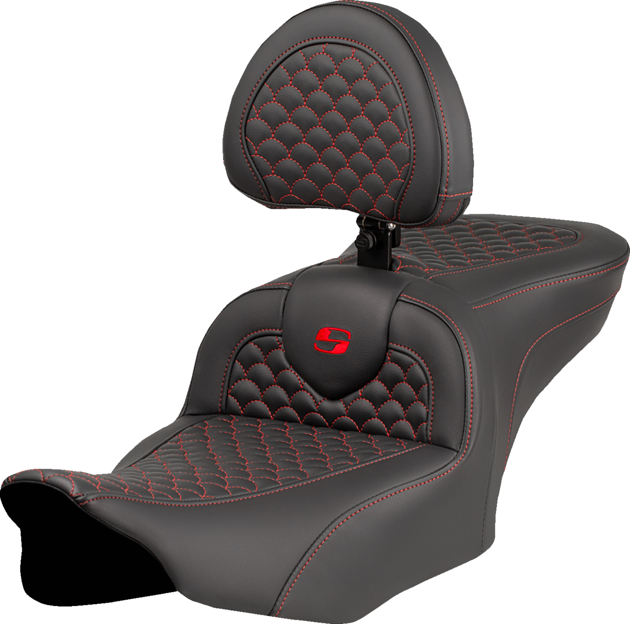 SADDLEMEN Roadsofa™ Seat - Dragon Scale Stitch - Red Stitch - w/ Backrest - FLTR/FLHX '23-'24