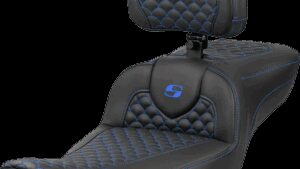 SADDLEMEN Roadsofa™ Extended Reach Seat - Dragon Scale Stitch - Blue Stitch - w/ Backrest - FLTR/FLHX '23-'24