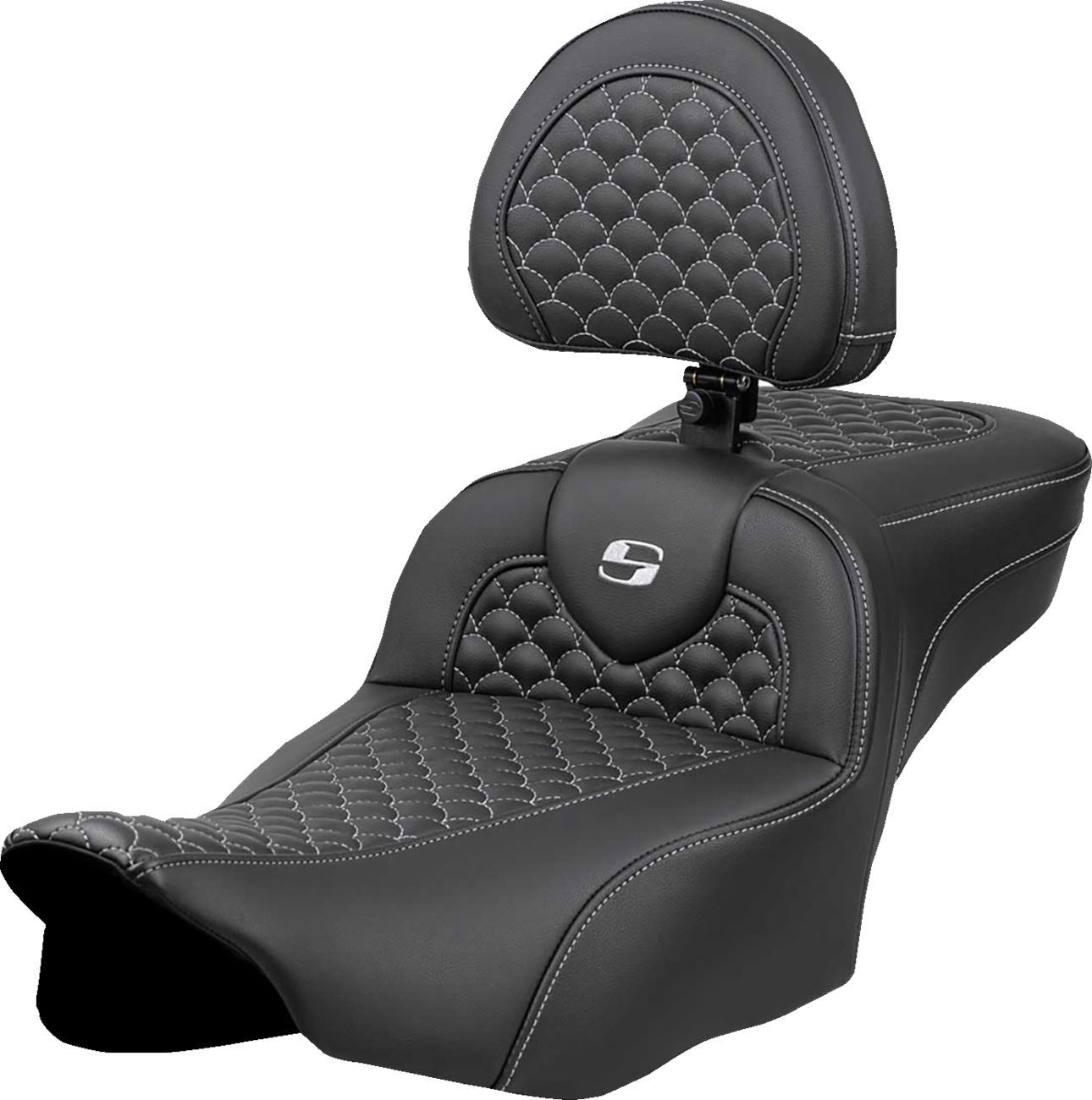 SADDLEMEN Roadsofa™ Extended Reach Seat - Dragon Scale Stitch - Silver Stitch - w/ Backrest - FLT/FLH '23-'24