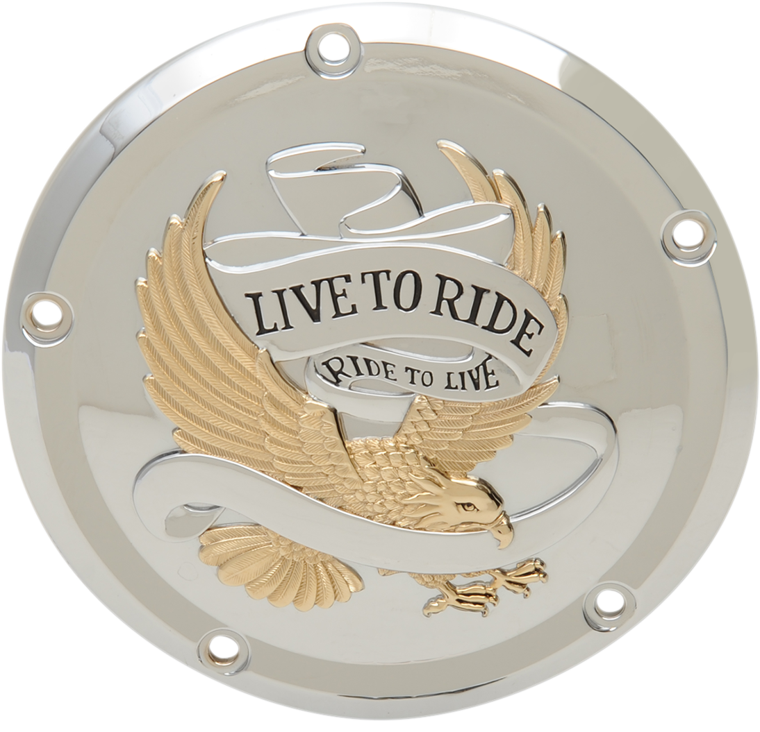 DRAG SPECIALTIES Derby Cover - Live to Ride - 5-Hole - Chrome w/Gold Eagle - '15-'25 Harley-Davidson