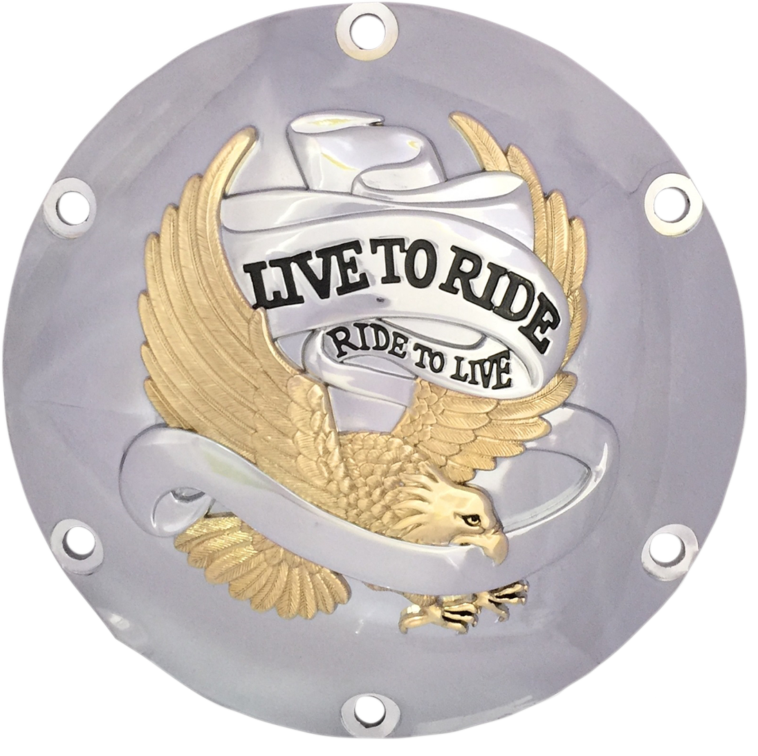 DRAG SPECIALTIES Derby Cover - Live to Ride - 6-Hole - Chrome w/Gold Eagle - '04-'22 Sportster