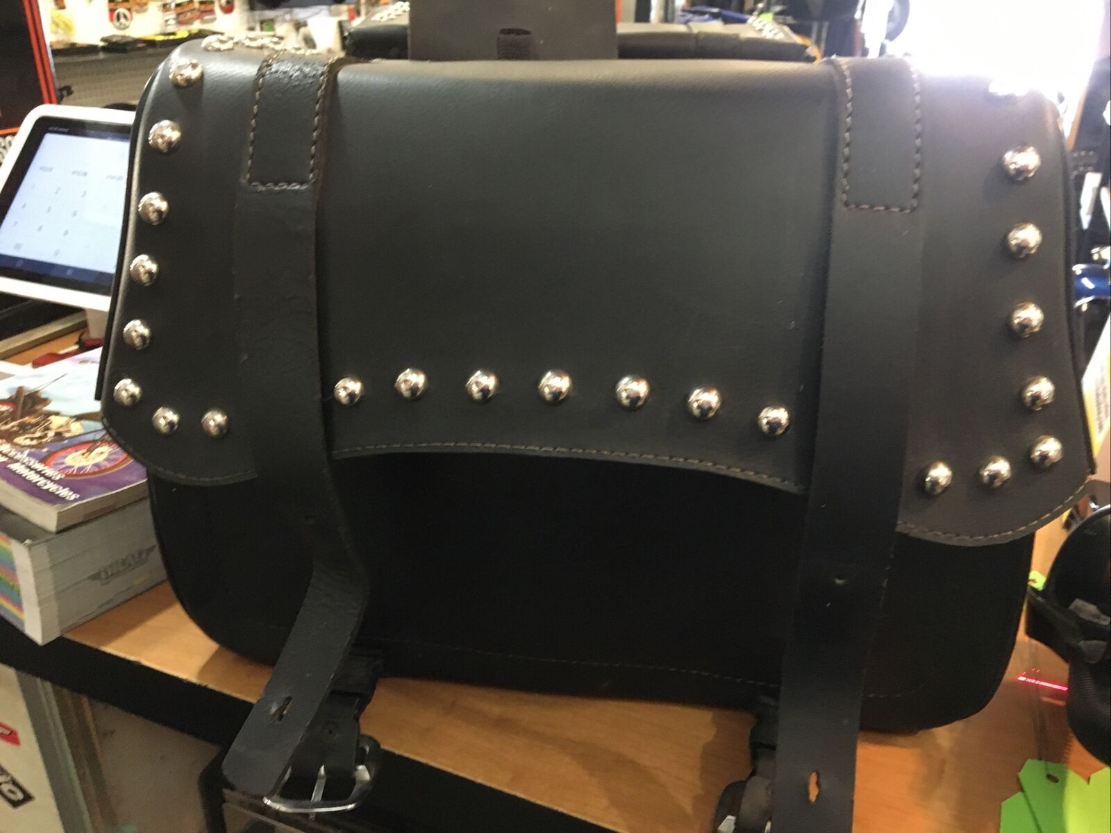 Black Leather Throwover Saddle Bags With Chrome Studs