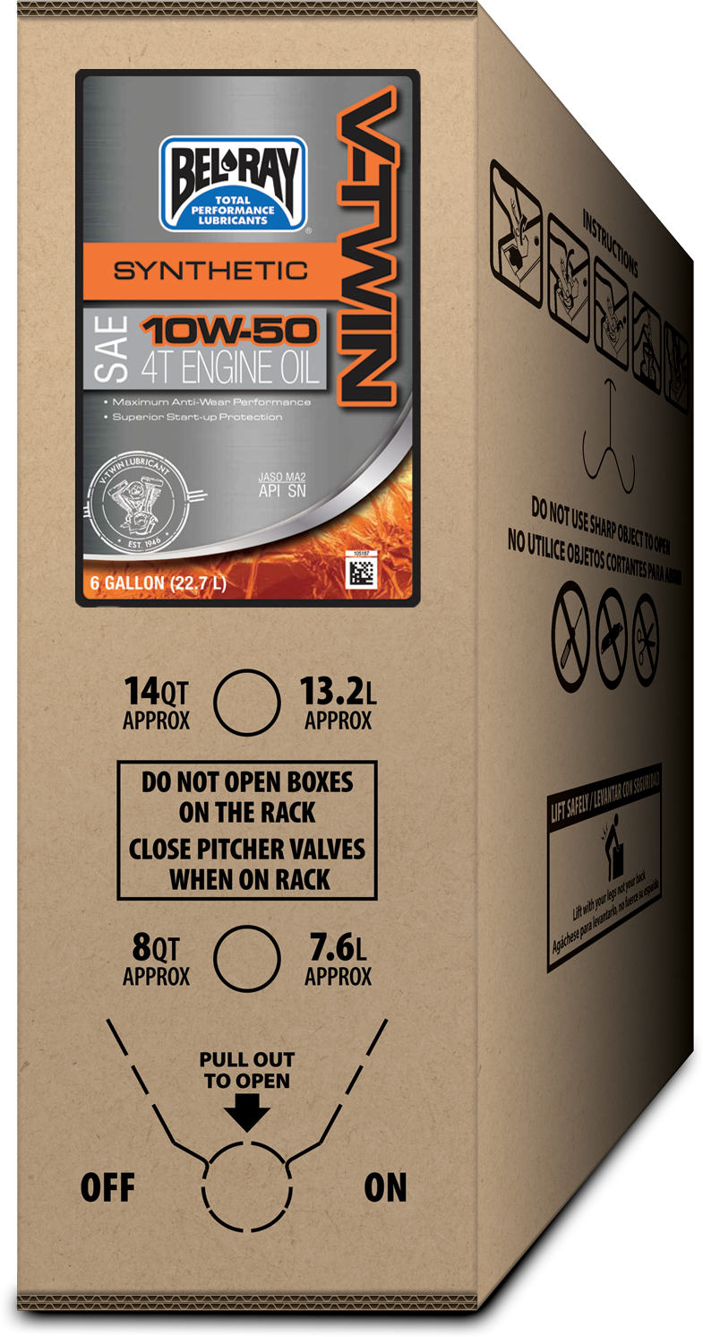 BEL-RAY V-TWIN FULL SYN ENGINE OIL 4T 10W50 6GAL BIB