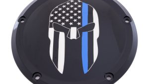 CUSTOM ENGRAVING 7   M8 FLT/FLH DERBY COVER SPARTA BLUE LINE BLACK
